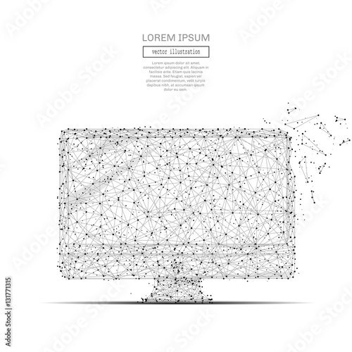 Grey COMPUTER with polygon line on black abstract background. Polygonal space low poly with connecting dots and lines. Connection structure. Vector science background.