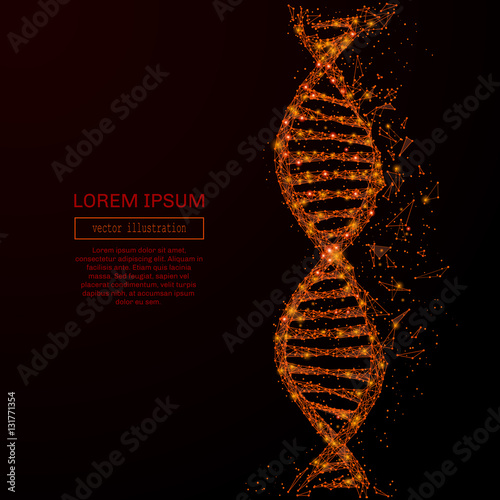 Abstract mash line and point DNA in flames style on dark background with an inscription. DNA of a starry sky or space, consisting of stars and the universe. Vector illustration