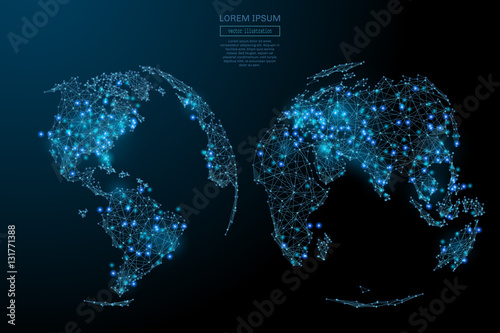 Abstract image of a world map in the form of a starry sky or space, consisting of points, lines, and shapes in the form of planets, stars and the universe. World vector wireframe concept.