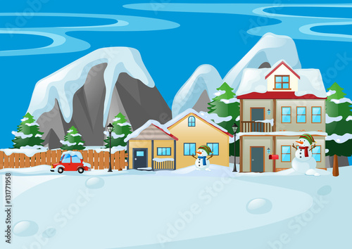 Scene with houses and snowman