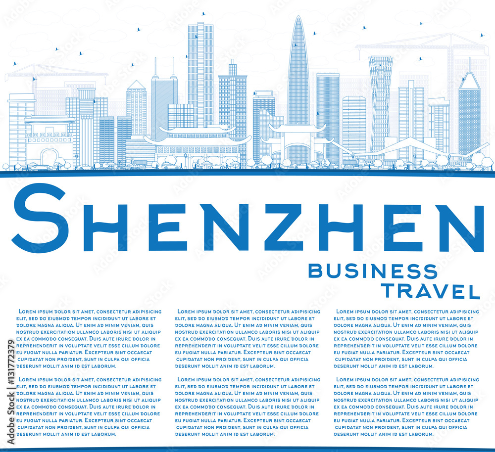 Outline Shenzhen Skyline with Blue Buildings and Copy Space.