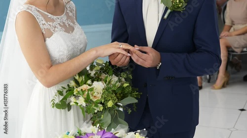 closeup of bride and groom exchanging wedding rings