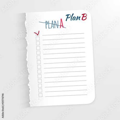 White sheet with the inscription corrected plan B.  A New Leaf  jagged edges for record of completed tasks. Vector illustration isolated on light background. Place marking  .