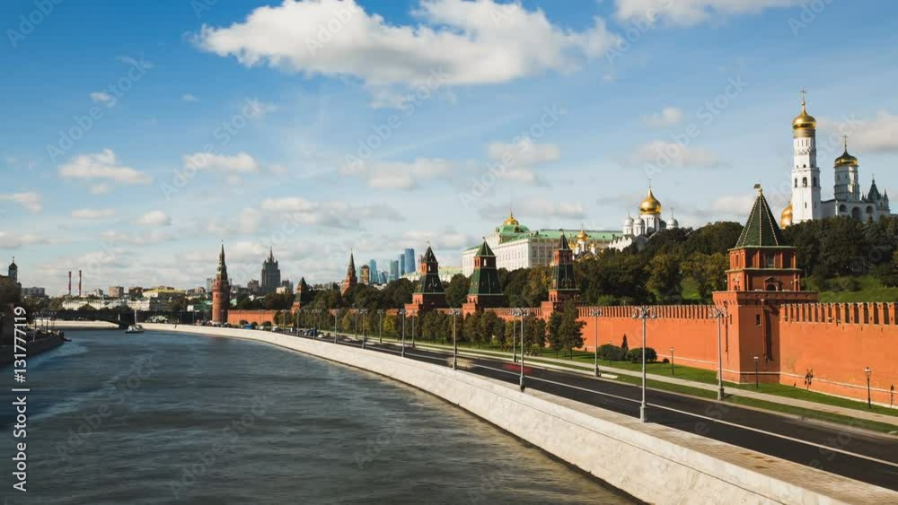 Timelapse view of historical center Moscow center with river, kremlin and traffic Timelapse view of historical center Moscow center with river, kremlin and traffic