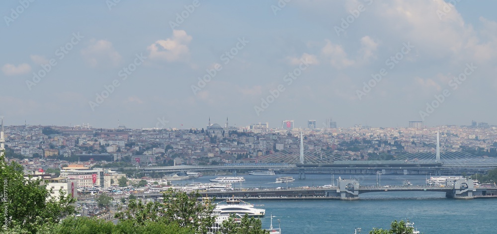 View from Topkapi Palace at Galata Bridge and the Golden Horn in Istanbul, Turkey