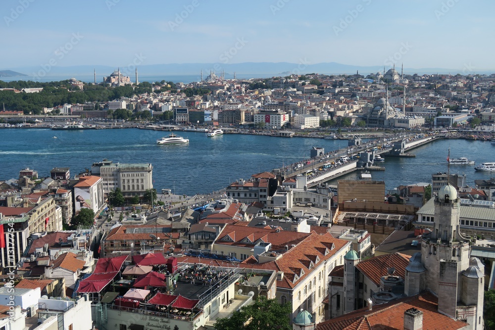 View from Galatatower at Galata Bridge, the Golden Horn and Istanbuls Oldtown Sultanahmet, Turkey