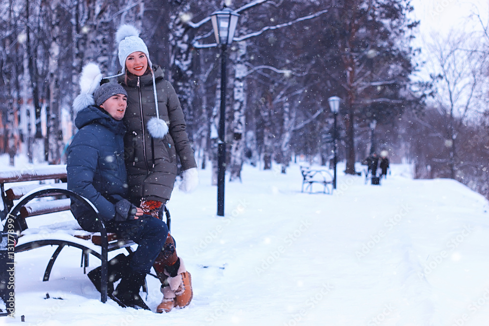 couple lover winter street bench