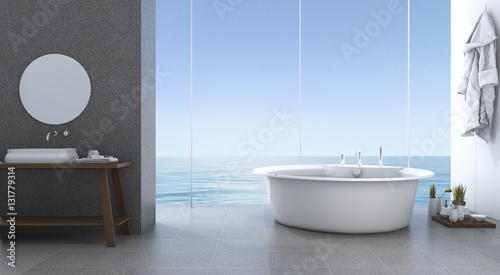 3d rendering bright minimal bathroom near beach