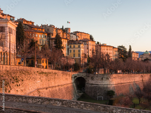 Bergamo - Old city  Citta Alta . One of the beautiful city in Italy. Lombardia. morning sunrise in winter season with warm colors. The venetian walls.