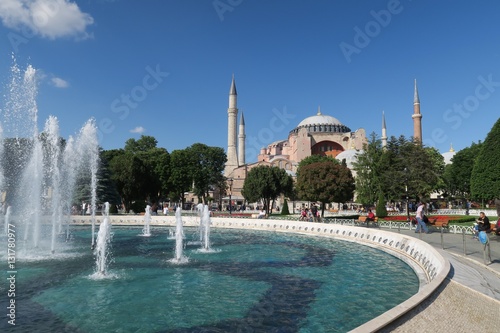 Fountain and Park in Front of Hagia Sophia Museum in Istanbul, Turkey