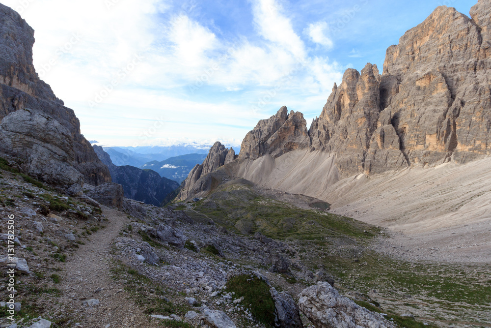 Sexten Dolomites Mountain panorama and alpine hut Rifugio Carducci in South Tyrol, Italy