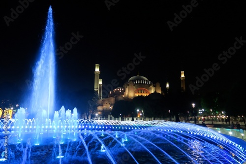 Ble Fountain in front of 1.500 Years Old Hagia Sophia Museum at Night, in Istanbul, Turkey