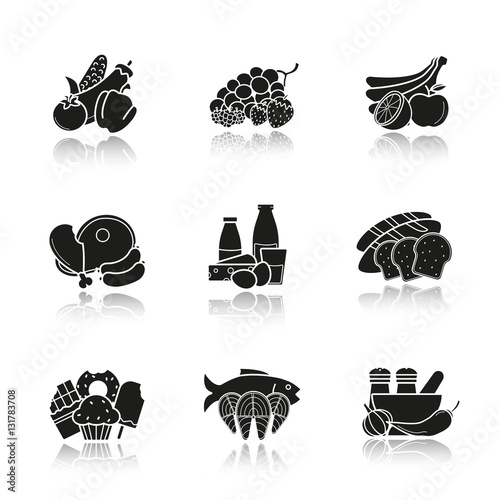 Grocery store products categories drop shadow black icons set