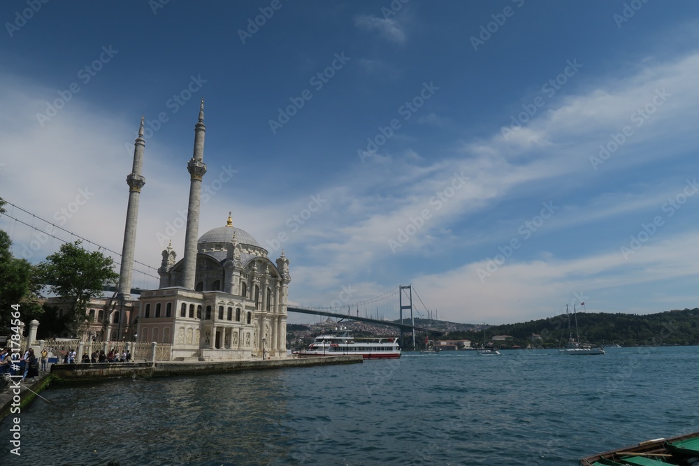 Ortakoy Mosque with Bosphorus Bridge - Connection between Europe and Asia in Istanbul, Turkey
