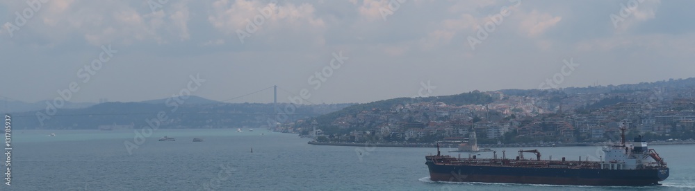 Large cargo container ship passing through Bosphorus, in Istanbul, Turkey