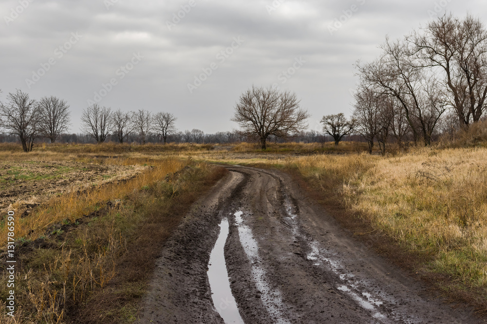 Ukrainian rural dirty earth road in rainy autumnal season Ukrainian rural dirty earth road in rainy autumnal season
