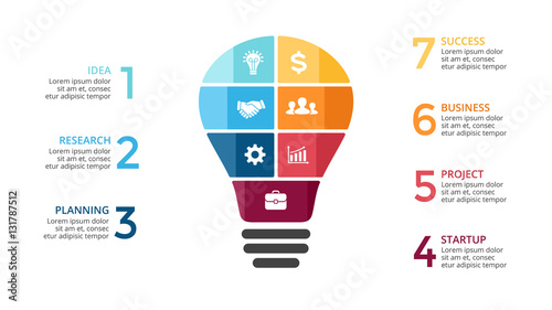 Vector light bulb infographic. Template for circle diagram, graph, presentation and round chart. Business startup idea lamp concept with 7 options, parts, steps, processes. Successful brainstorming photo