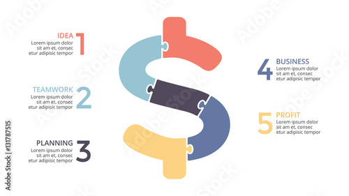 Vector puzzle arrows dollar infographic. Template for money diagram, graph, presentation and round chart. Business logo concept with 5 options, parts, steps or processes. 16:9 slide.