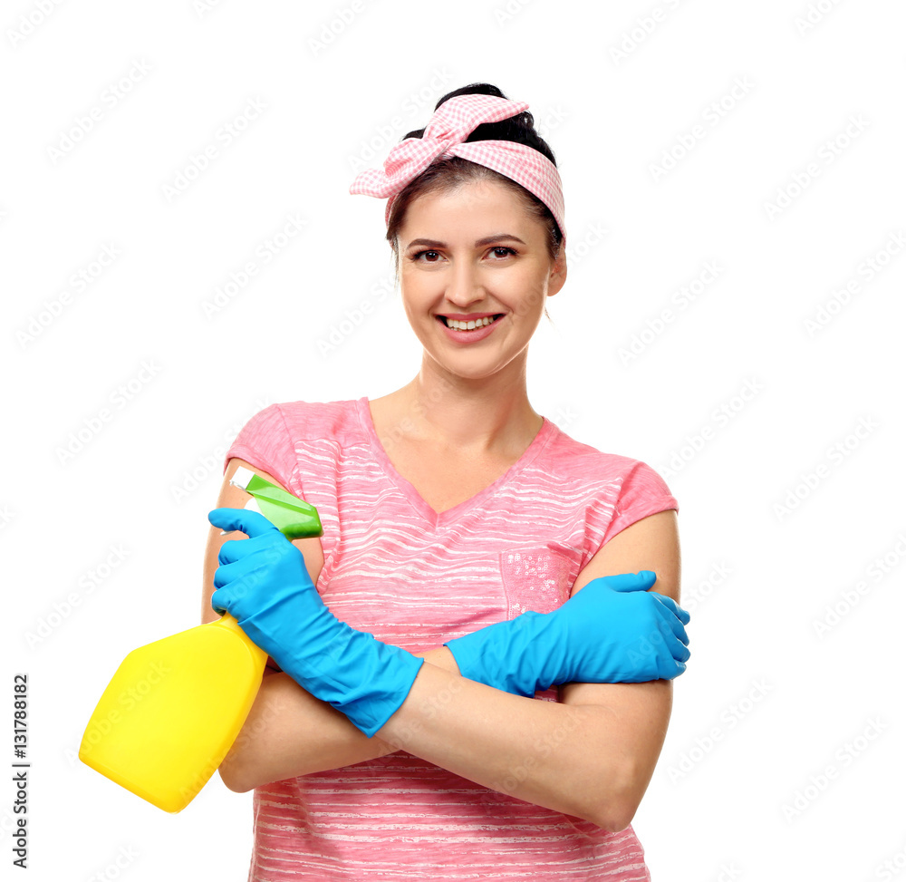 Young cleaner with spray on white background Young cleaner with spray on white background