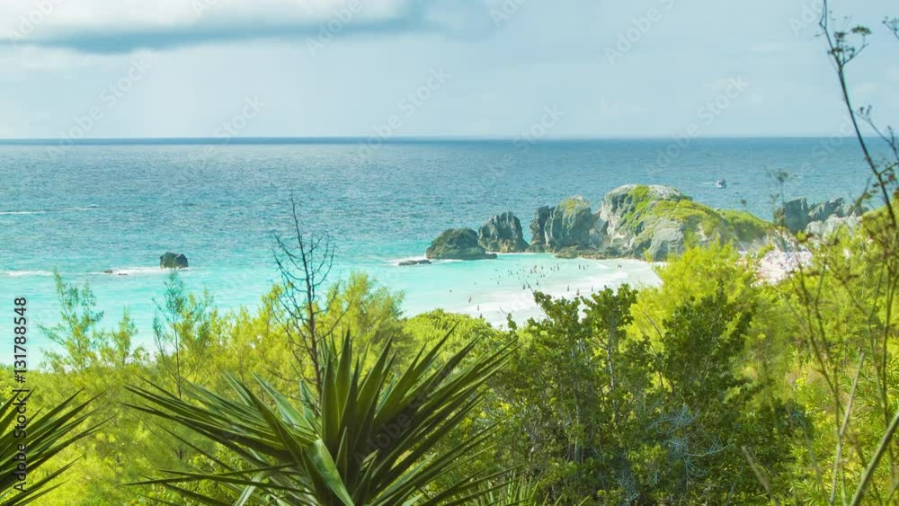 Looking Out Onto the Popular Horseshoe Bay in Bermuda with Turquoise Water and Lush Green Foliage on a Sunny Day