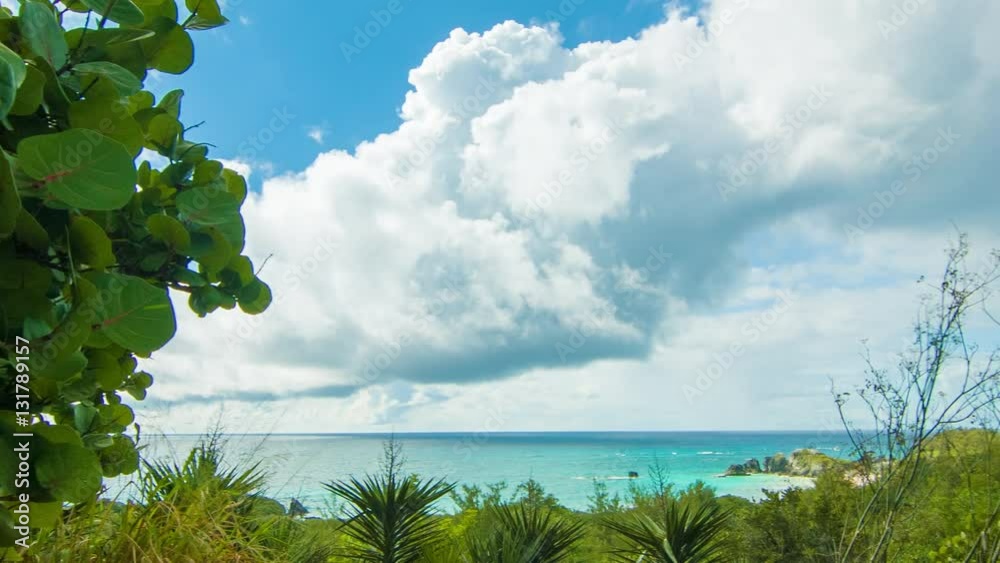 Panning Into an Idyllic Bermudian Nature Setting with Horseshoe Bay in the Distance, Featuring Epic Clouds in a Blue Sky, Lush Greenery and a Turquoise Colored Ocean on a Sunny Day