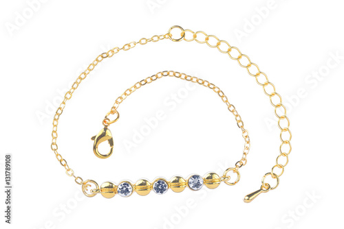 Gold bracelet with three diamonds, isolated on white background, clipping path included