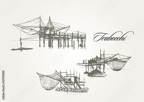 Trabucco, trebuchet, trabocco - traditional fishing houses in south Italy.