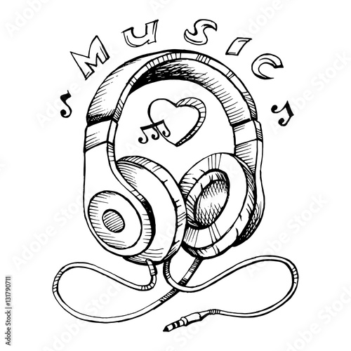  Headphones sketch vector illustration with musical notes