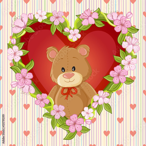 Happy Valentines day card with cute teddy bear and flower heart