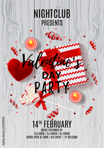 Flyer for Happy Valentine's Day party. Top view on gift box, lollipop and case for ring. Invitation to nightclub. Vector illustration with candles, confetti and serpentine.