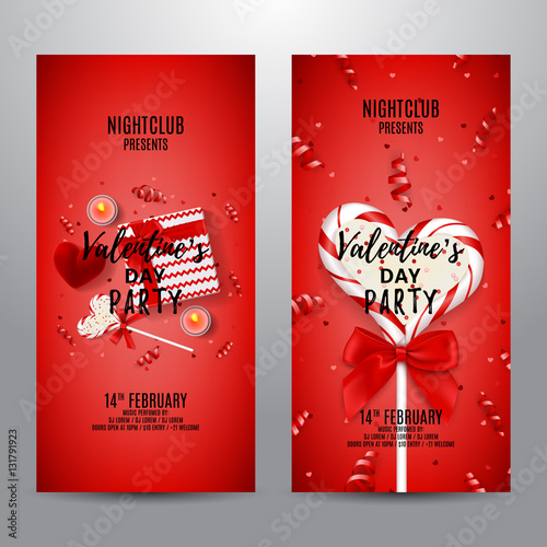 Set of red party flyers for Valentine's Day. Top view on gift box, lollipop and red case for ring. Beautiful backdrop with candles, confetti and serpentine. Vector illustration.