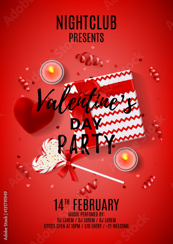 Red flyer for Valentine's Day party. Top view on gift box, lollipop and case for ring. Invitation to nightclub. Vector illustration with candles, confetti and serpentine.