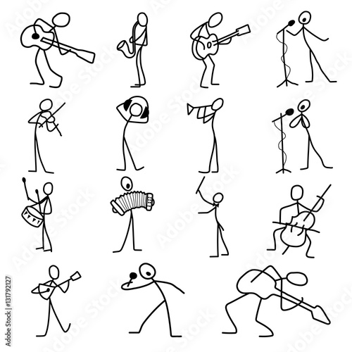 Cartoon icons set of sketch stick musician figures in cute miniature scenes.