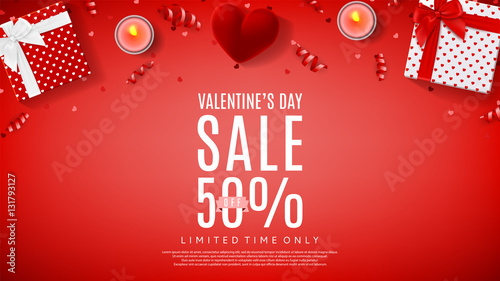 Valentine's Day sale web banner. Top view on composition with gift box, case for ring, candles and confetti. Vector illustration.