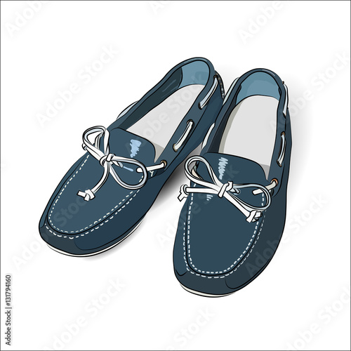 Blue female moccasins isolated on white background. Vector illustration.