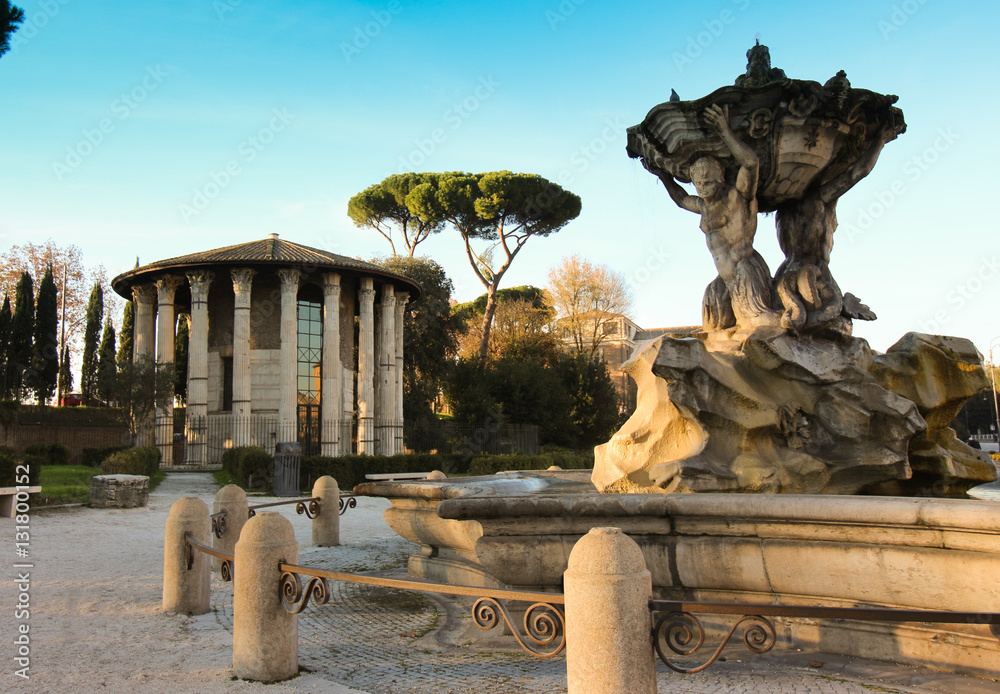 Naklejka premium Temple of Hercules Victor ancient edifice located in Piazza Bocca della Verita in Rome Italy. Near the famous Santa Maria in Cosmedin with mouth of truth.