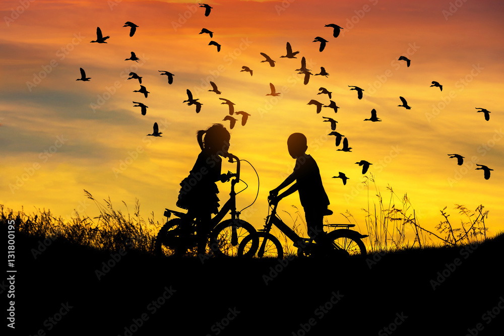 silhouette little boy and little girl riding bike look to flock of lesser whistling duck (Dendrocygna javanica) or lesser whistling teal or indian whistling duck flying on sunset silhouette little boy and little girl riding bike look to flock of lesser whistling duck (Dendrocygna javanica) or lesser whistling teal or indian whistling duck flying on sunset