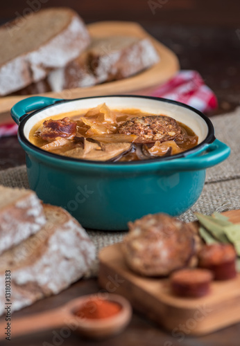 Traditional Sour Cabbage Soup with Sausage and Mushrooms