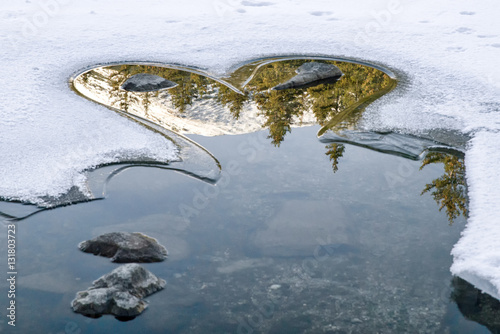 Reflection on frozen lake - hearrt shape photo