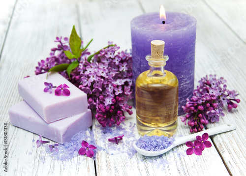 Spa setting with lilac flowers