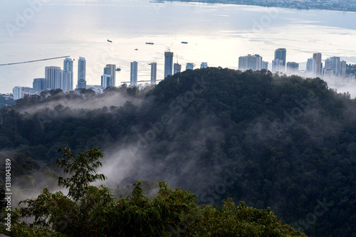 Cityscape, mountain and fog sea view for background