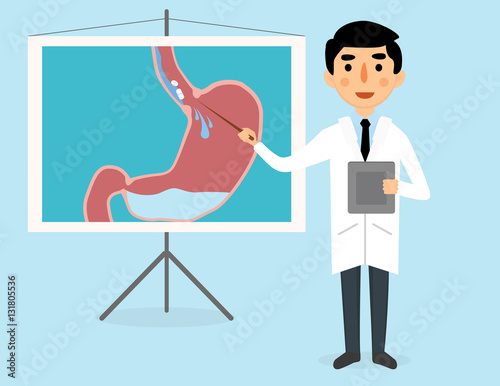 Doctor explains pill digestion in stomach vector illustration