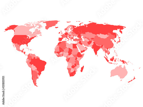 World map with names of sovereign countries and larger dependent territories. Simplified vector map in four shades of red on white background.