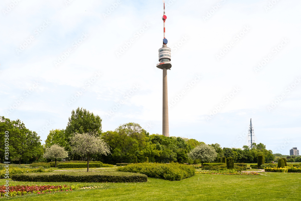 Fototapeta premium View from park on danube tower, vienna, austria