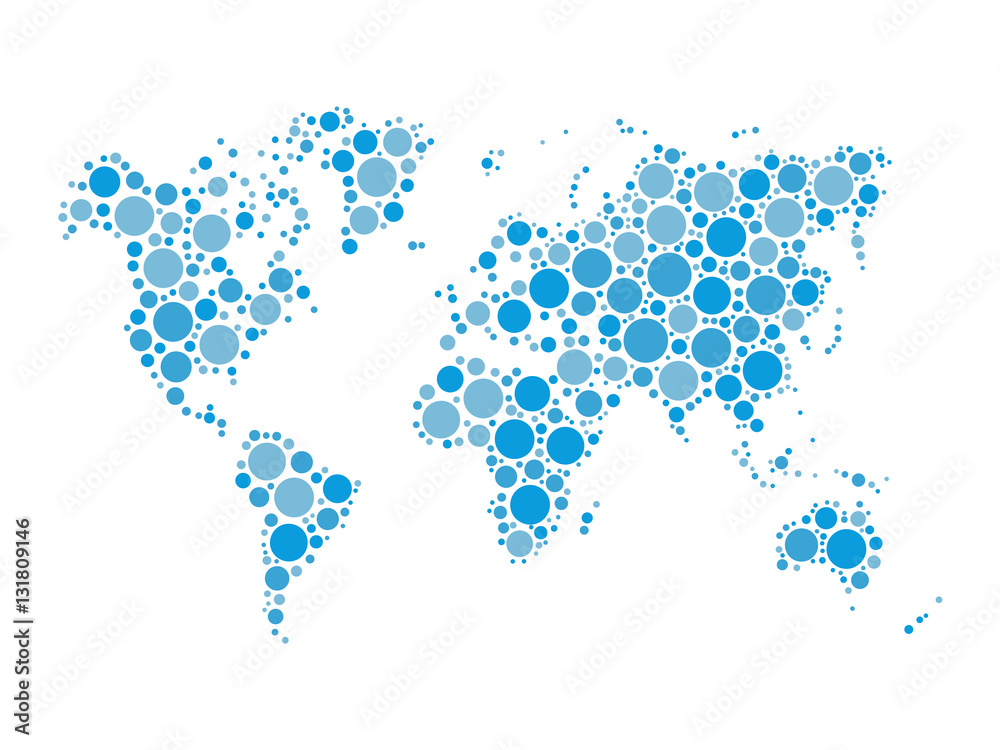 World map mosaic of blue dots in various sizes and shades on white background. Vector illustration. Abstract background theme. World map mosaic of blue dots in various sizes and shades on white background. Vector illustration. Abstract background theme.