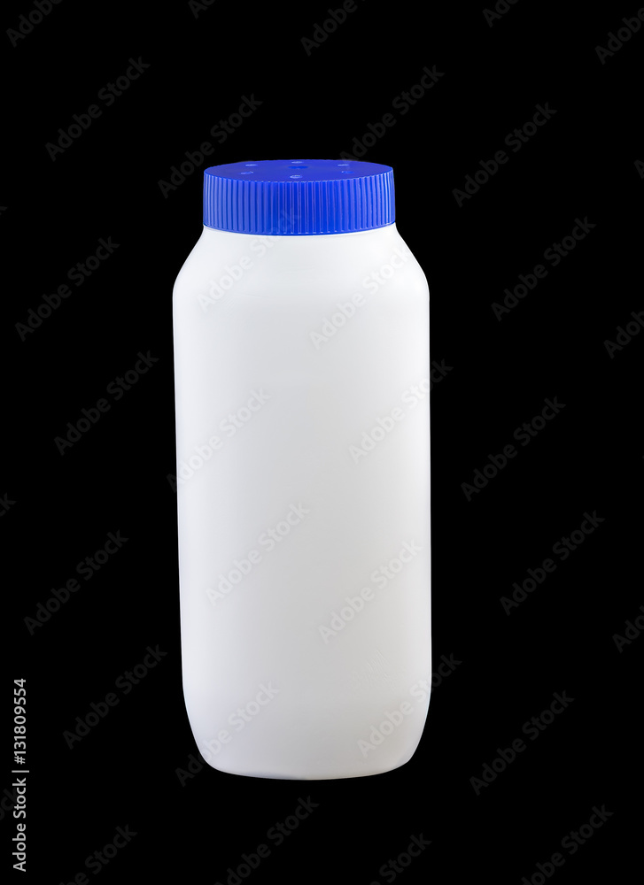 Blank Plastic bottle for talcum powder on isolated black backgro Blank Plastic bottle for talcum powder on isolated black backgro
