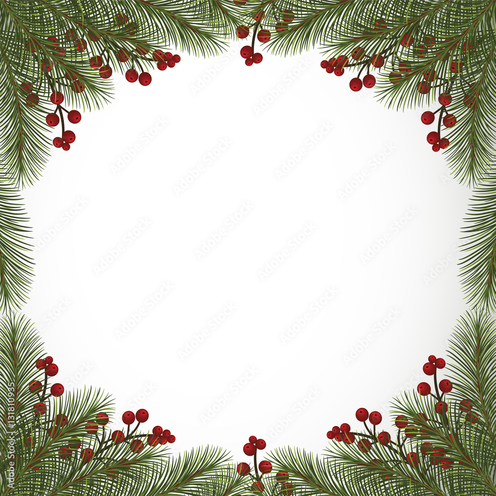 Winter background with fir branches and berries border Winter background with fir branches and berries border