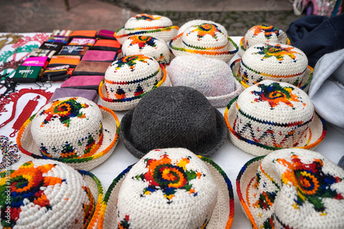 hand knitted wool hats closeup in Ecuador