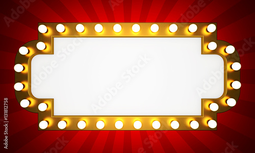 Golden retro cinema banner with rays. 3D rendering