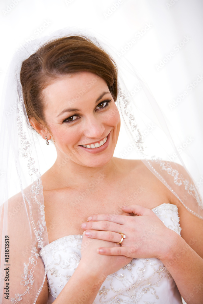 Bride: Smiling Bridal Portrait With Ring And Gown Bride: Smiling Bridal Portrait With Ring And Gown